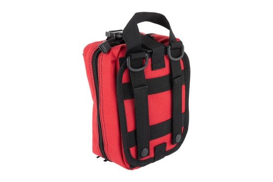 Red nylon Primary Arms First Aid Pouch features a carry handle and MOLLE straps